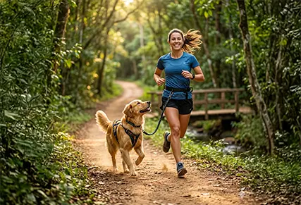 cão e tutor fazendo canicross